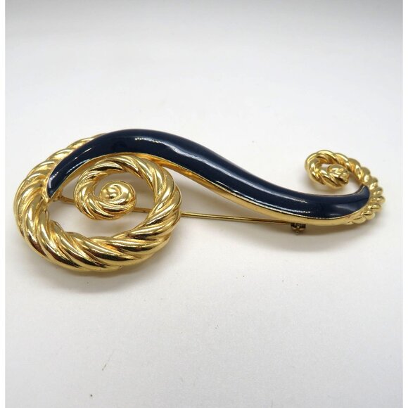 Vintage Trfari Brooch Blue Enamel Gold Tone 3.5" Swirl Signed Statement Pin - Picture 3 of 7